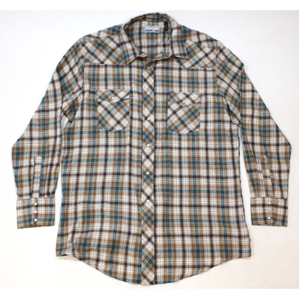 Wrangler Wrancher Mens XLT Western Pearl Snap Blue Brown Plaid Long Sleeve Shirt